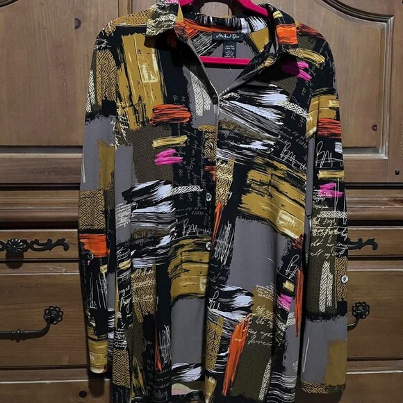 Michael Tyler Women's Black and Gold Abstract Print Button-Up Shirt - Picture 1 of 5